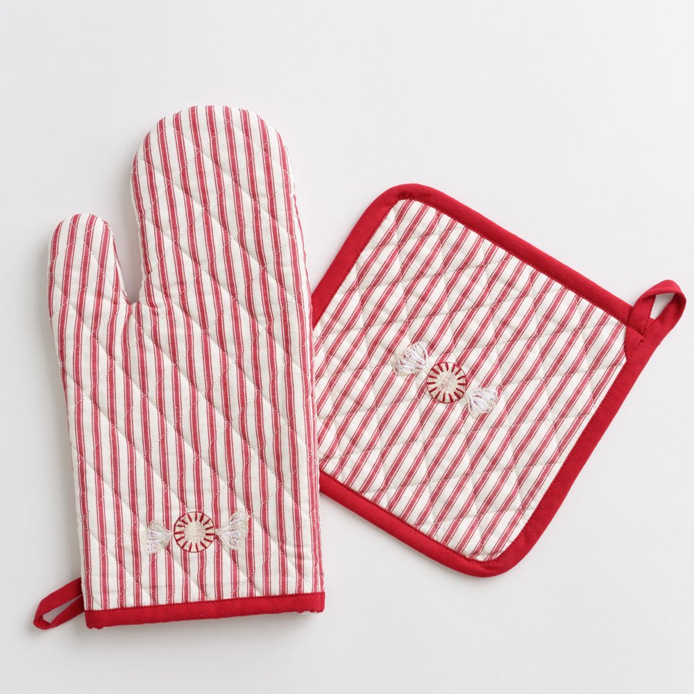 Embroidered peppermint red & white stripe oven mitt and pot holder set