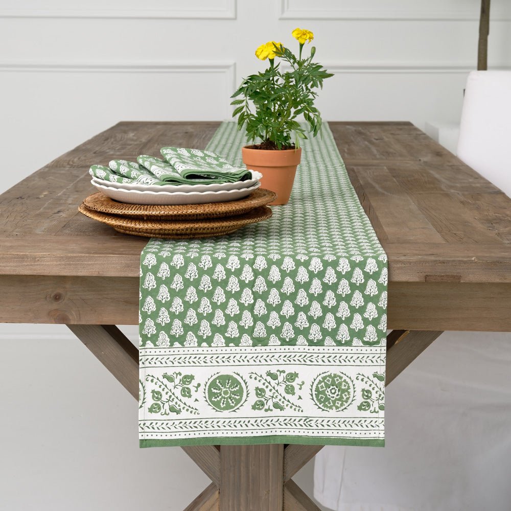 Pom Buti Green & White Floral Table Runner