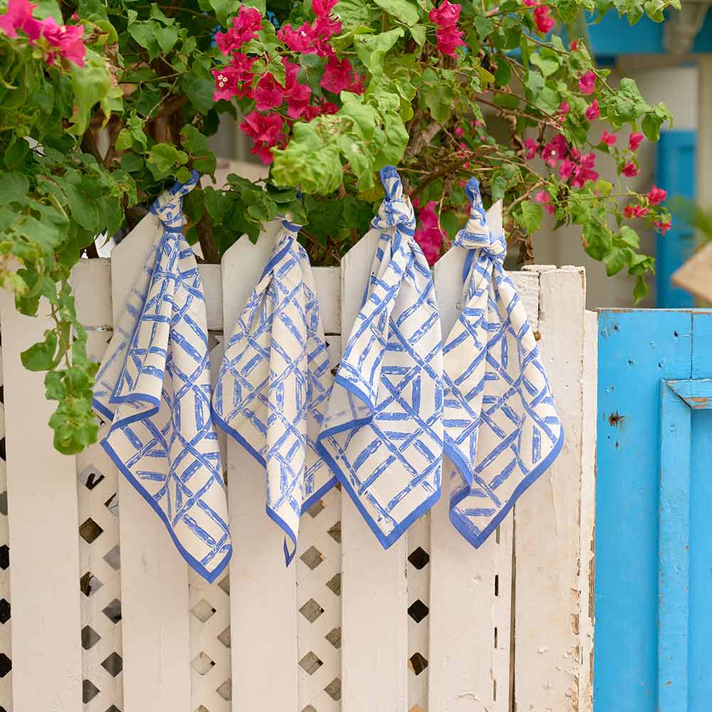 Blue Bamboo Hand Block Printed Geometric Cotton Napkins