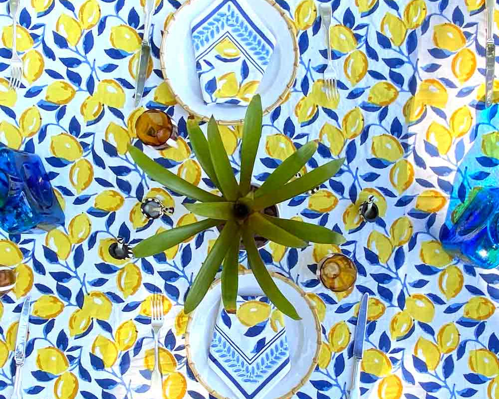 Navy Blue & Yellow Lemon Hand Block Printed Cotton Napkins