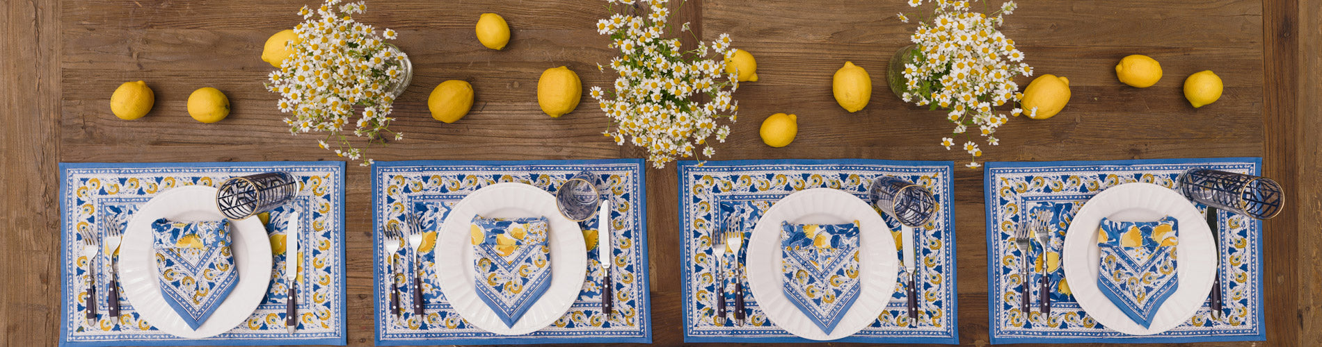 blue and yellow table linens
