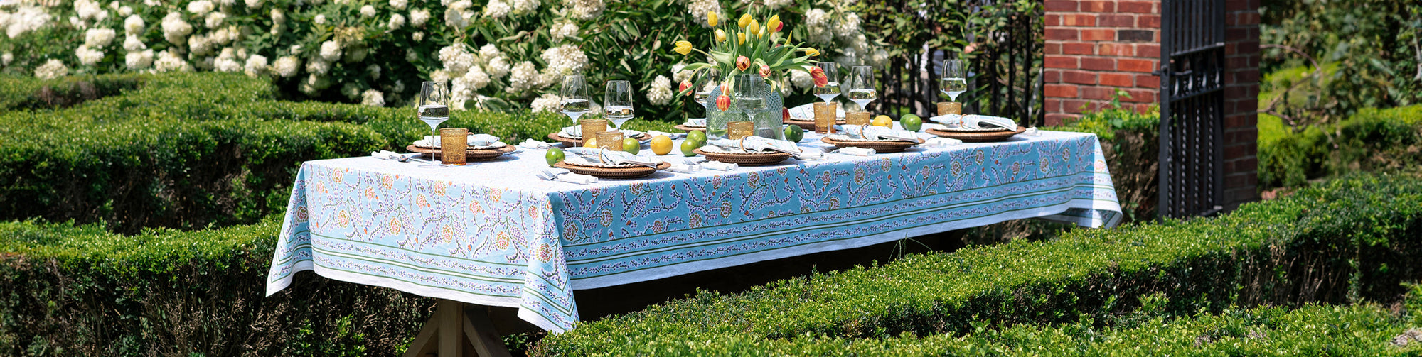 outdoor table with harvest pinecone tablecloth