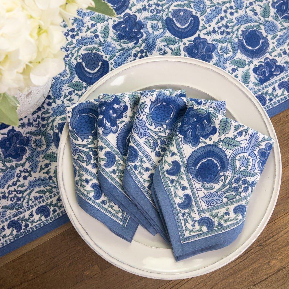 Bohemian Floral Azure Blue & Aqua Hand Block Printed Floral Cotton Napkins