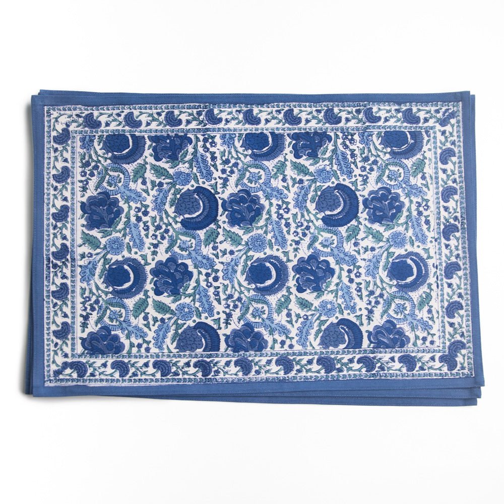 Bohemian Floral Azure Blue & Aqua Hand Block Printed Floral Placemats