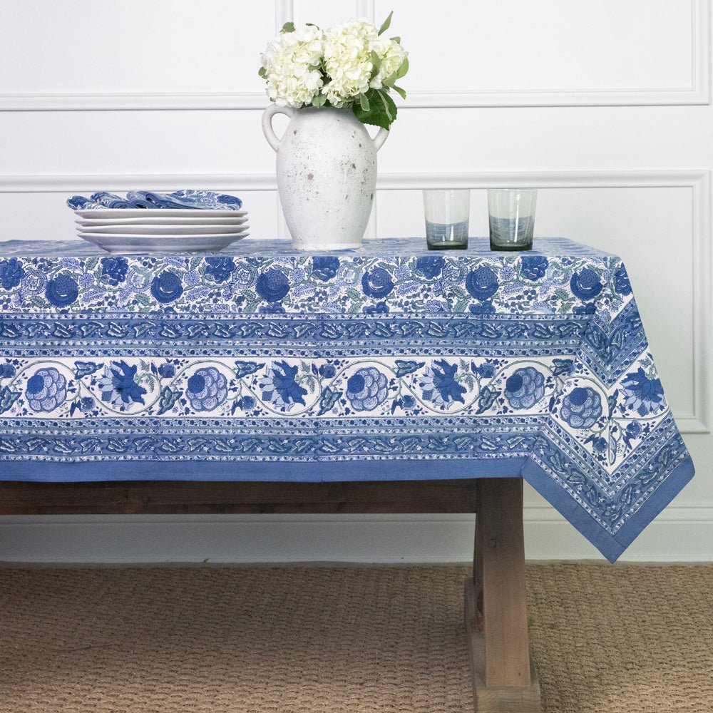 Bohemian Floral Azure Blue & Aqua Hand Block Printed Floral Cotton Tablecloth