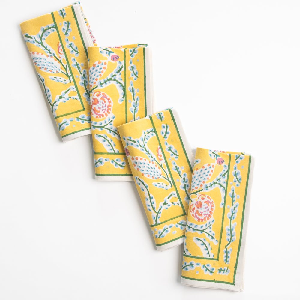 Climbing Dahlia Sunshine Yellow Floral Hand Block Printed Cotton Napkins