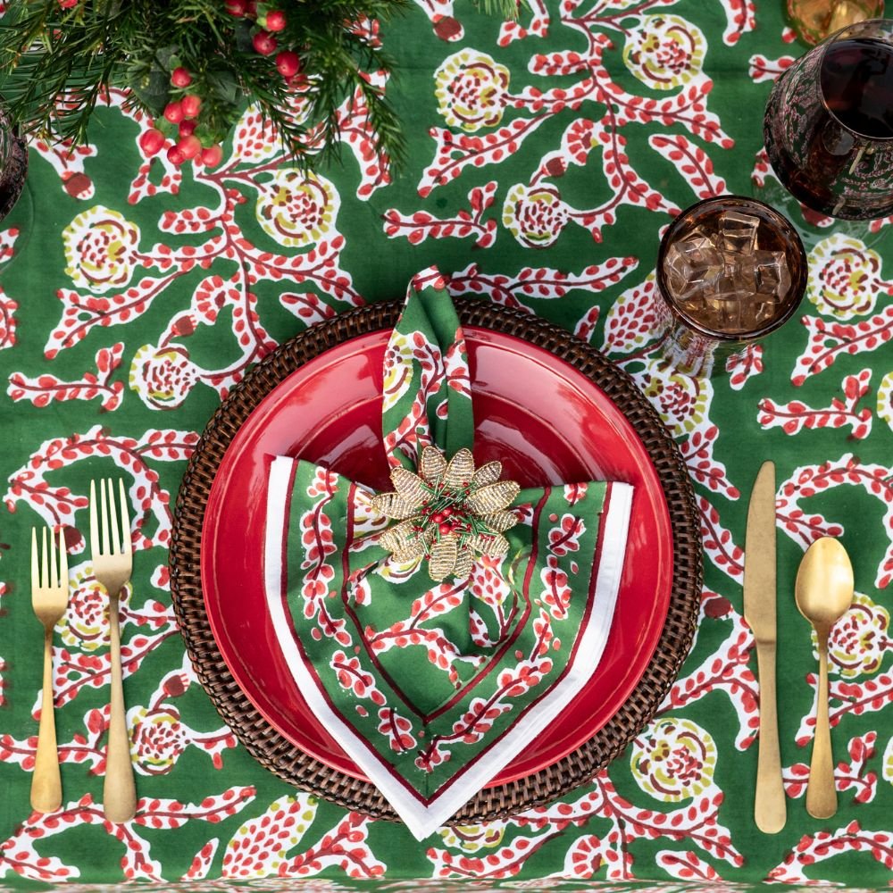 Climbing Dahlia Emerald Green Tablecloth | Festive Table Linens