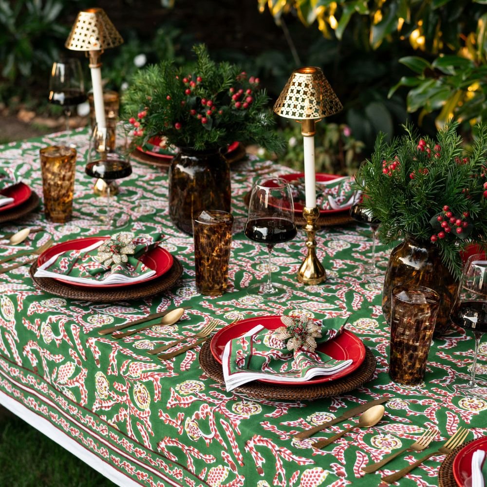 Climbing Dahlia Emerald Green Tablecloth | Festive Table Linens