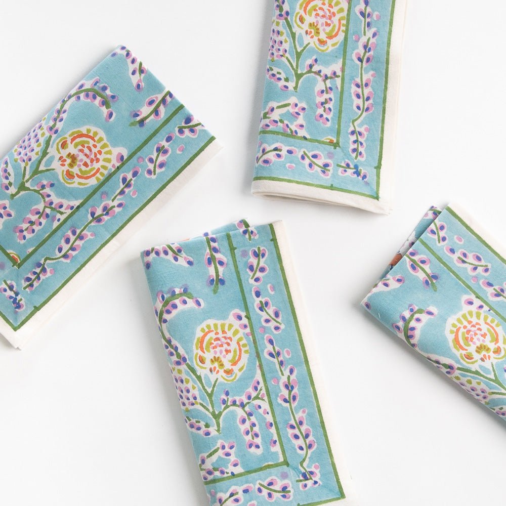 Climbing Dahlia Sky Blue Floral Hand Block Printed Cotton Napkins