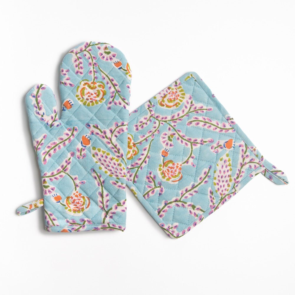 Climbing Dahlia Sky Blue Floral Hand Block Printed Oven Mitt & Pot Holder Set