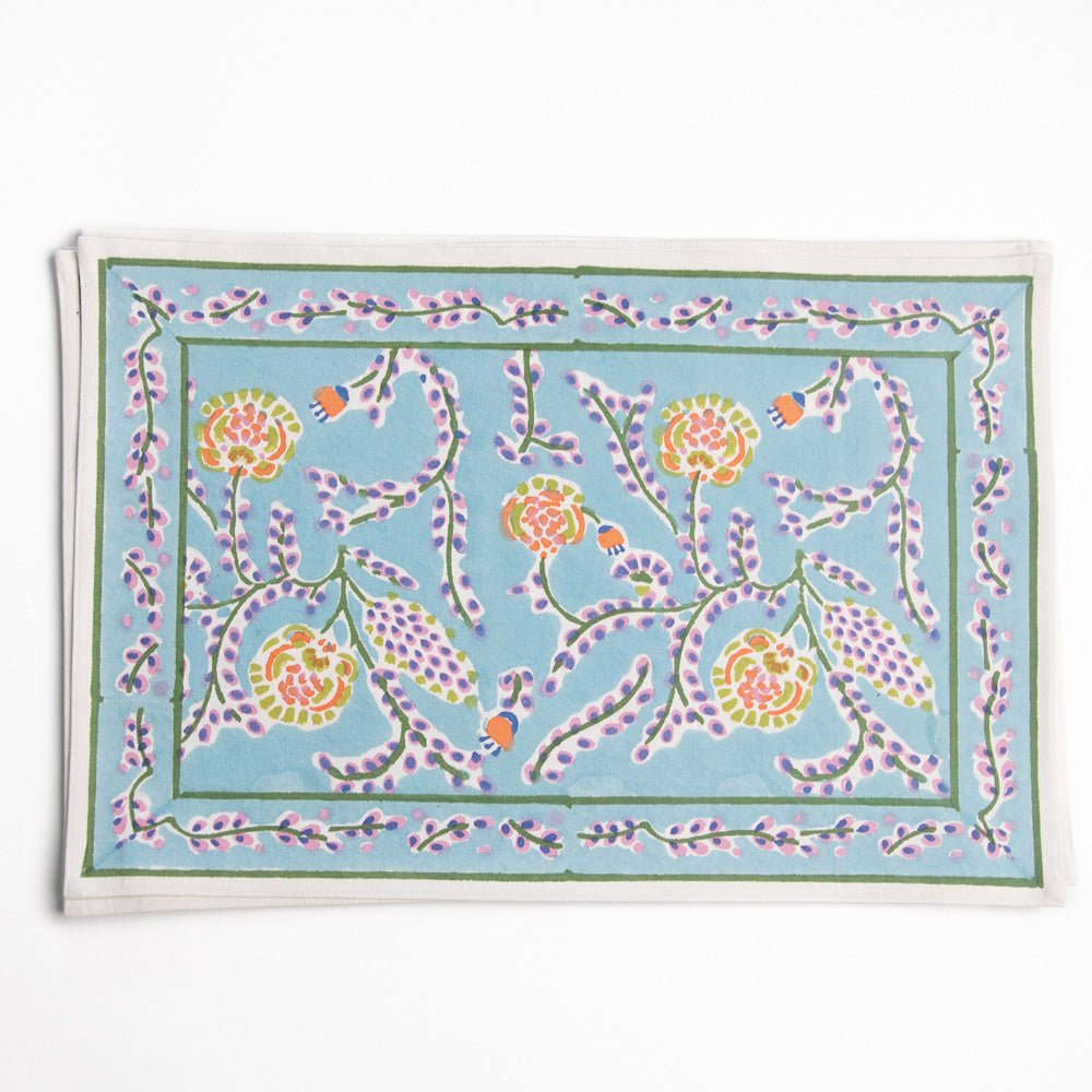 Climbing Dahlia Sky Blue Floral Hand Block Printed Cotton Canvas Placemats