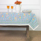 Climbing Dahlia Sky Blue Floral Hand Block Printed Cotton Tablecloth