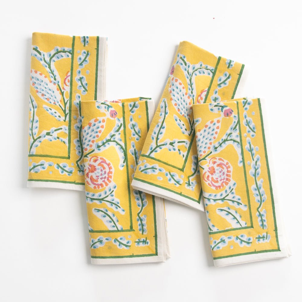 Climbing Dahlia Sunshine Yellow Floral Hand Block Printed Cotton Napkins