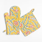 Climbing Dahlia Sunshine Yellow Floral Hand Block Printed Oven Mitt & Pot Holder Set