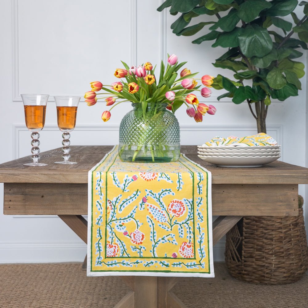 Climbing Dahlia Sunshine Yellow Floral Hand Block Printed Table Runner