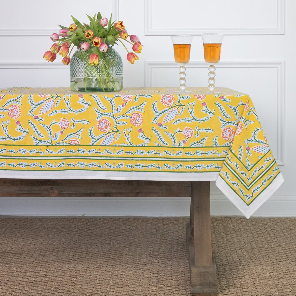 Climbing Dahlia Sunshine Yellow Floral Hand Block Printed Tablecloth