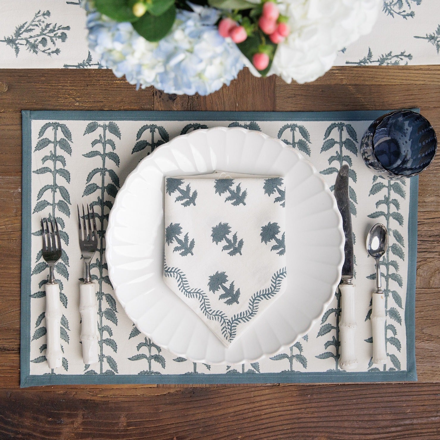 India Hicks Home x Pomegranate Climbing Nettle Dusty Sky Blue and White Hand Block Printed Placemats