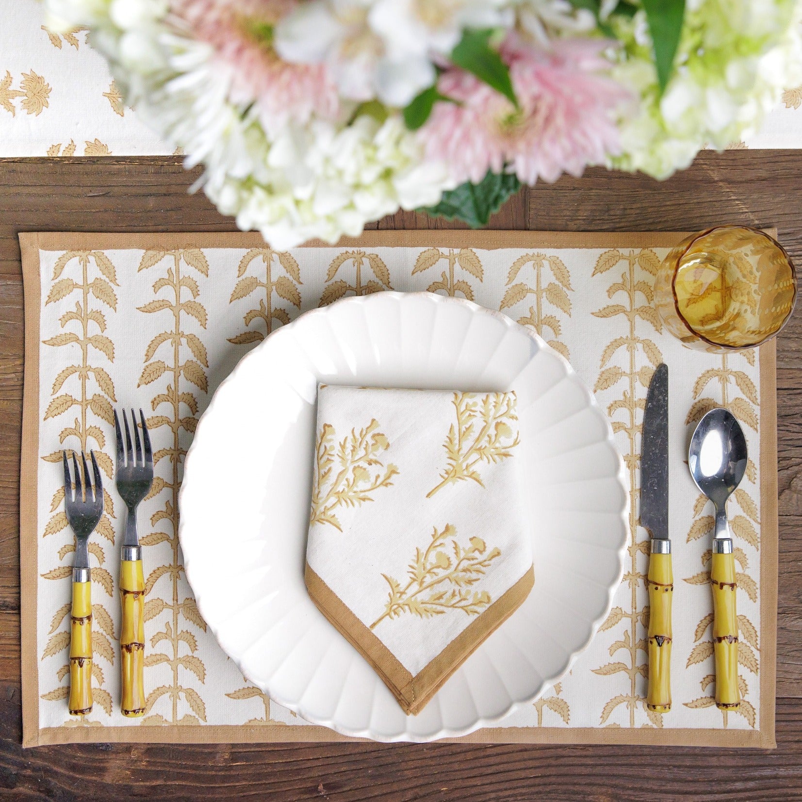 India Hicks Home x Pomegranate Climbing Nettle Sand Hand Block Printed Beige & White Cotton Canvas Placemats