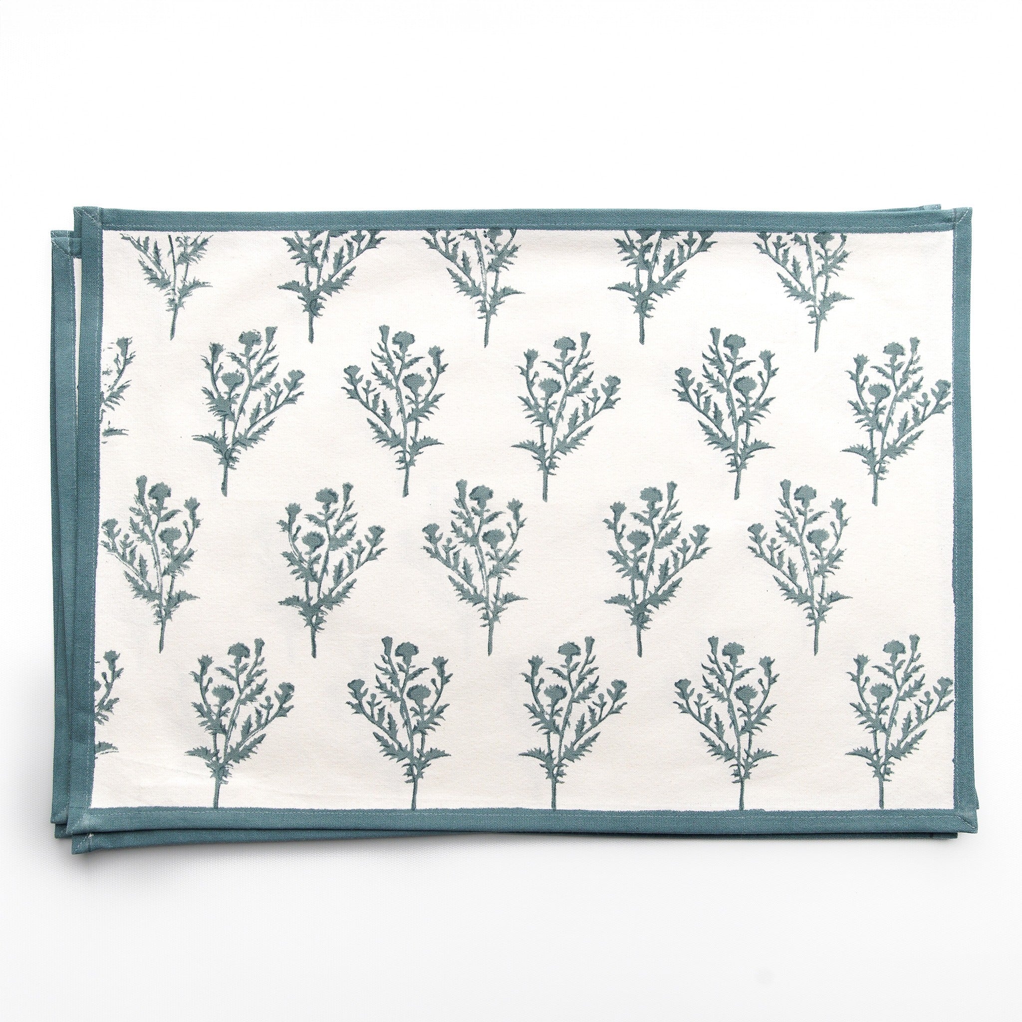 India Hicks Home x Pomegranate Thistle Dusty Sky Blue and White Hand Block Printed Cotton Canvas Placemats