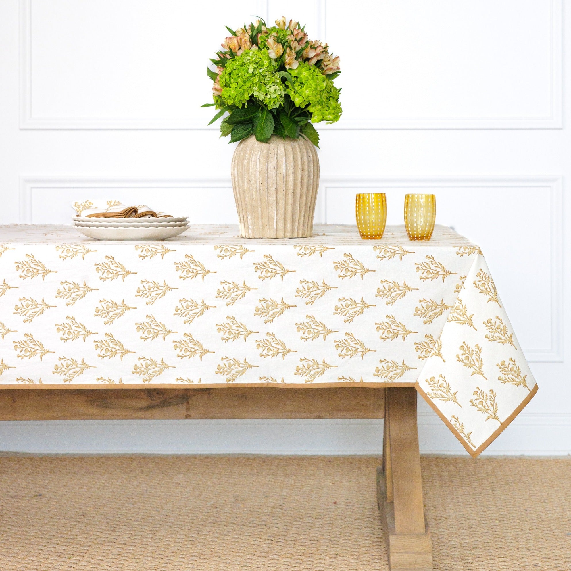 India Hicks Home x Pomegranate Thistle Sand Beige & White Hand Block Printed Cotton Tablecloth