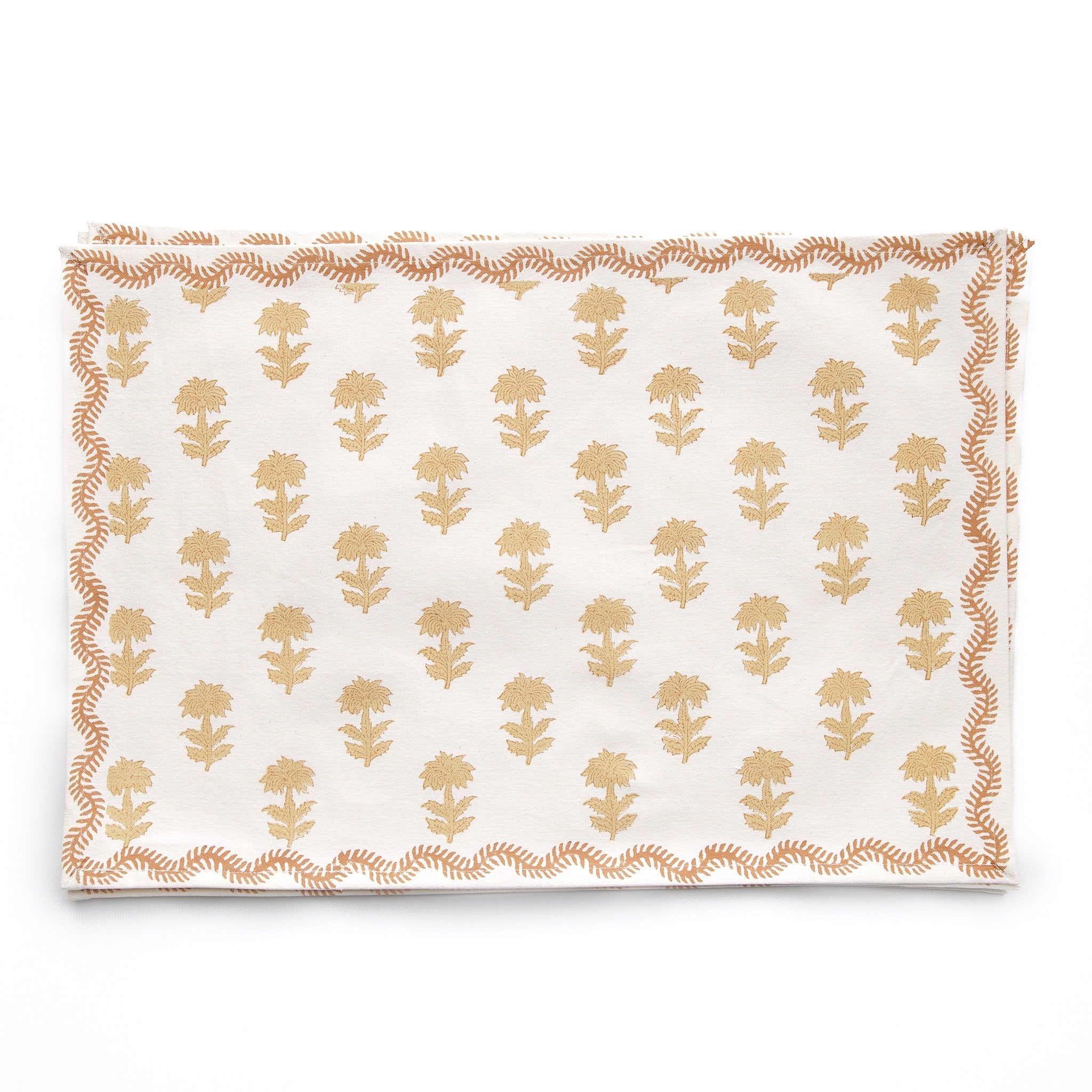 India Hicks Home x Pomegranate Winter Flower Sand Beige & White Hand Block Printed Cotton Canvas Placemats