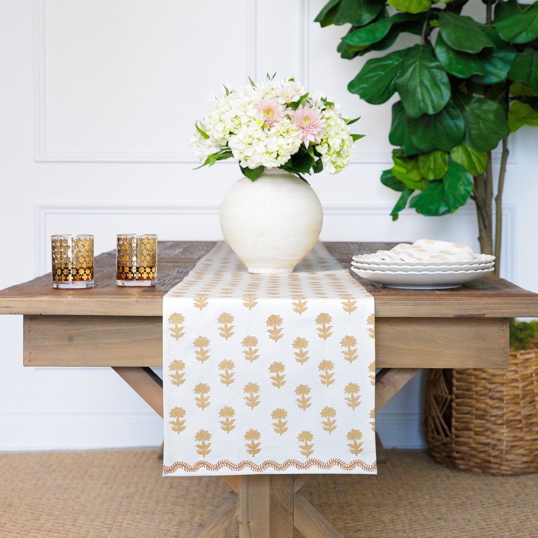 India Hicks Home x Pomegranate Winter Flower Sand Beige & White Hand Block Printed Table Runner