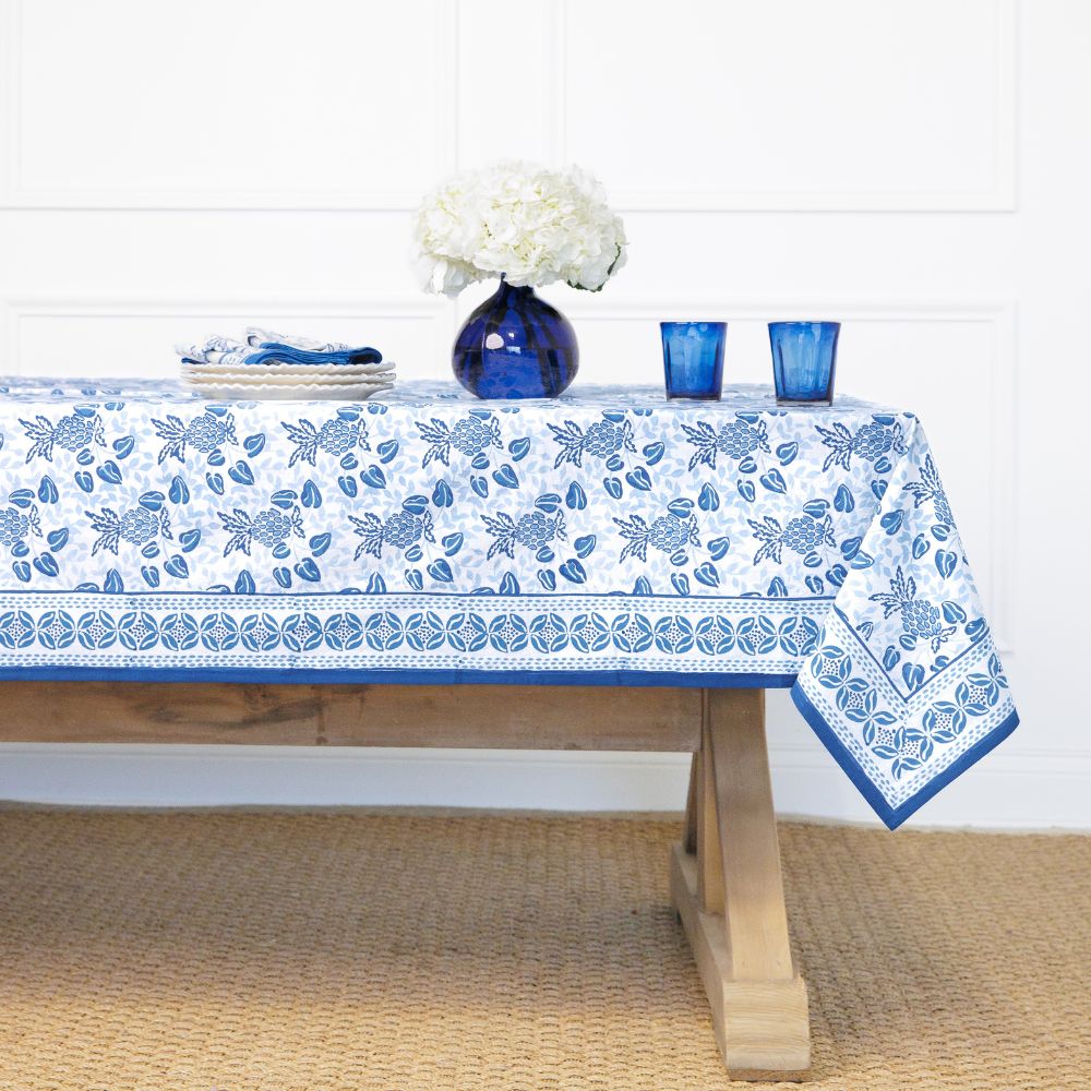 Pineapple Party Blue Tablecloth – Custom Hand Block Printed Cotton ...