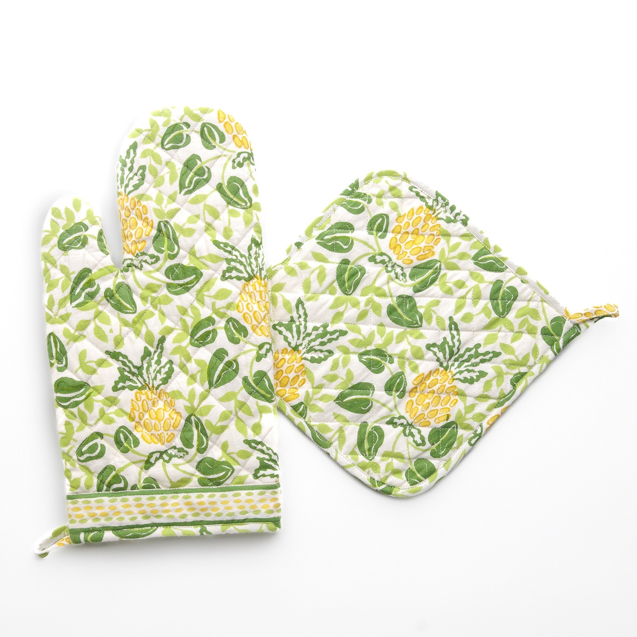 Pineapple Party Green & Yellow Hand Block Printed Oven Mitt & Pot Holder Set