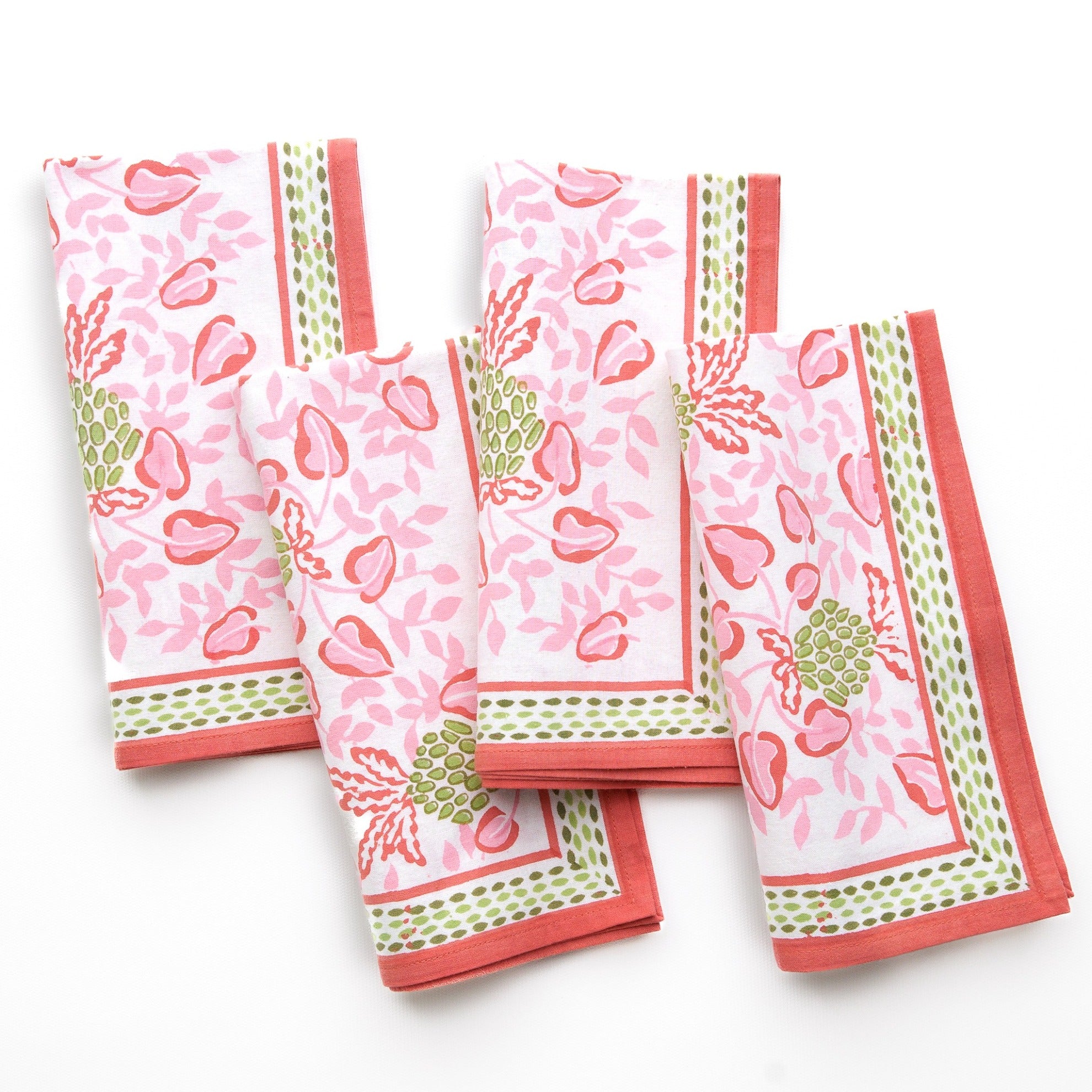 Pineapple Party Pink & Green Hand Block Printed Cotton Napkins