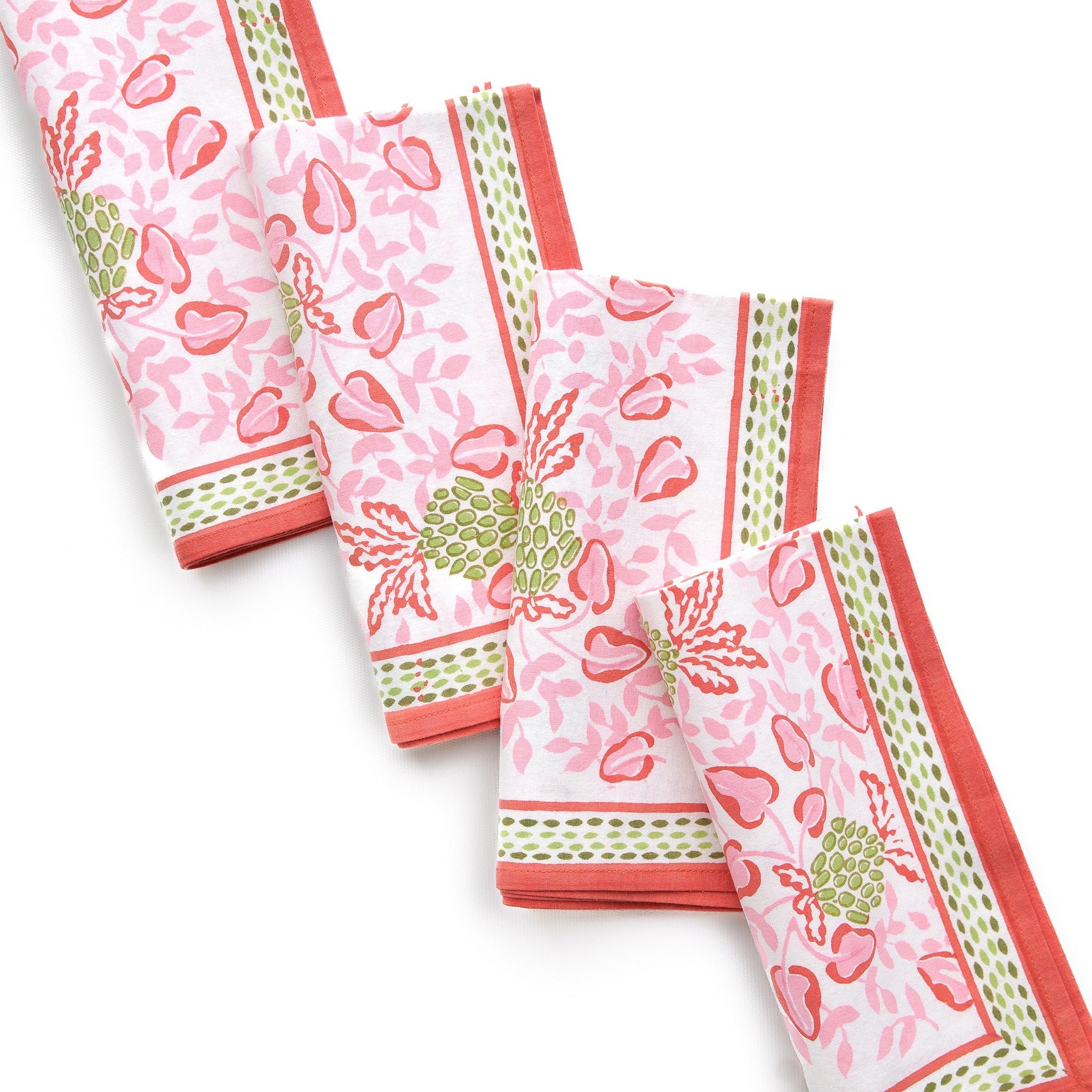 Pineapple Party Pink & Green Hand Block Printed Cotton Napkins