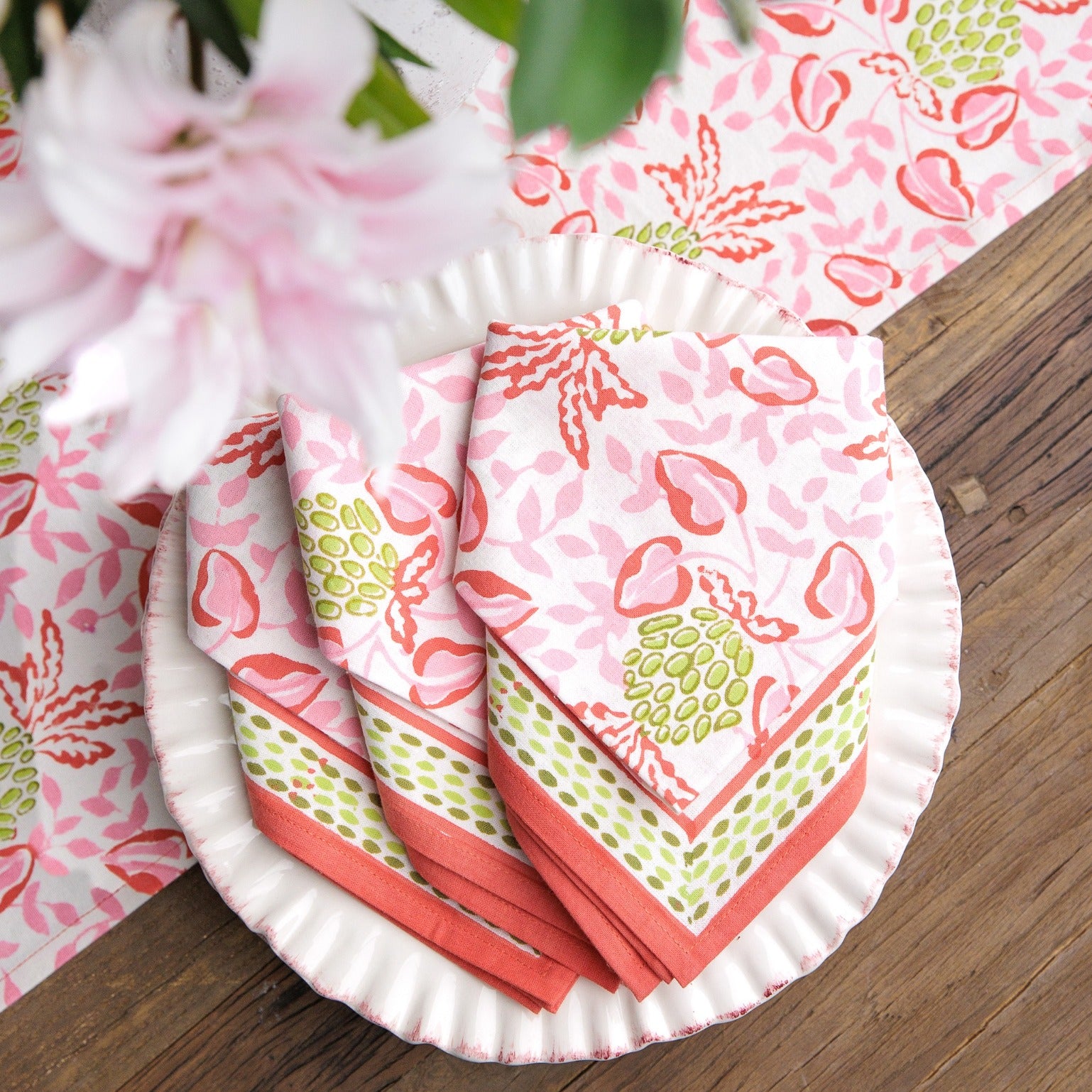 Pineapple Party Pink & Green Hand Block Printed Cotton Napkins