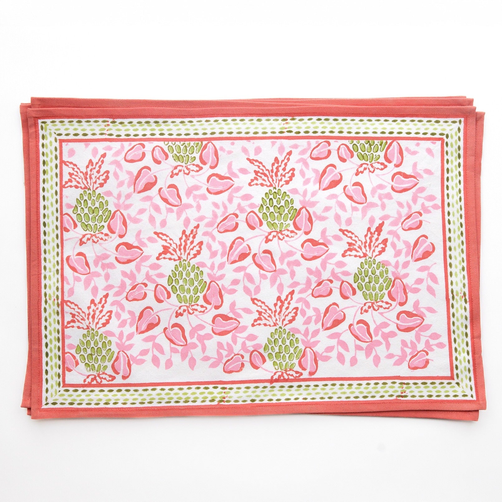 Pineapple Party Pink & Green Hand Block Printed Cotton Canvas Placemats