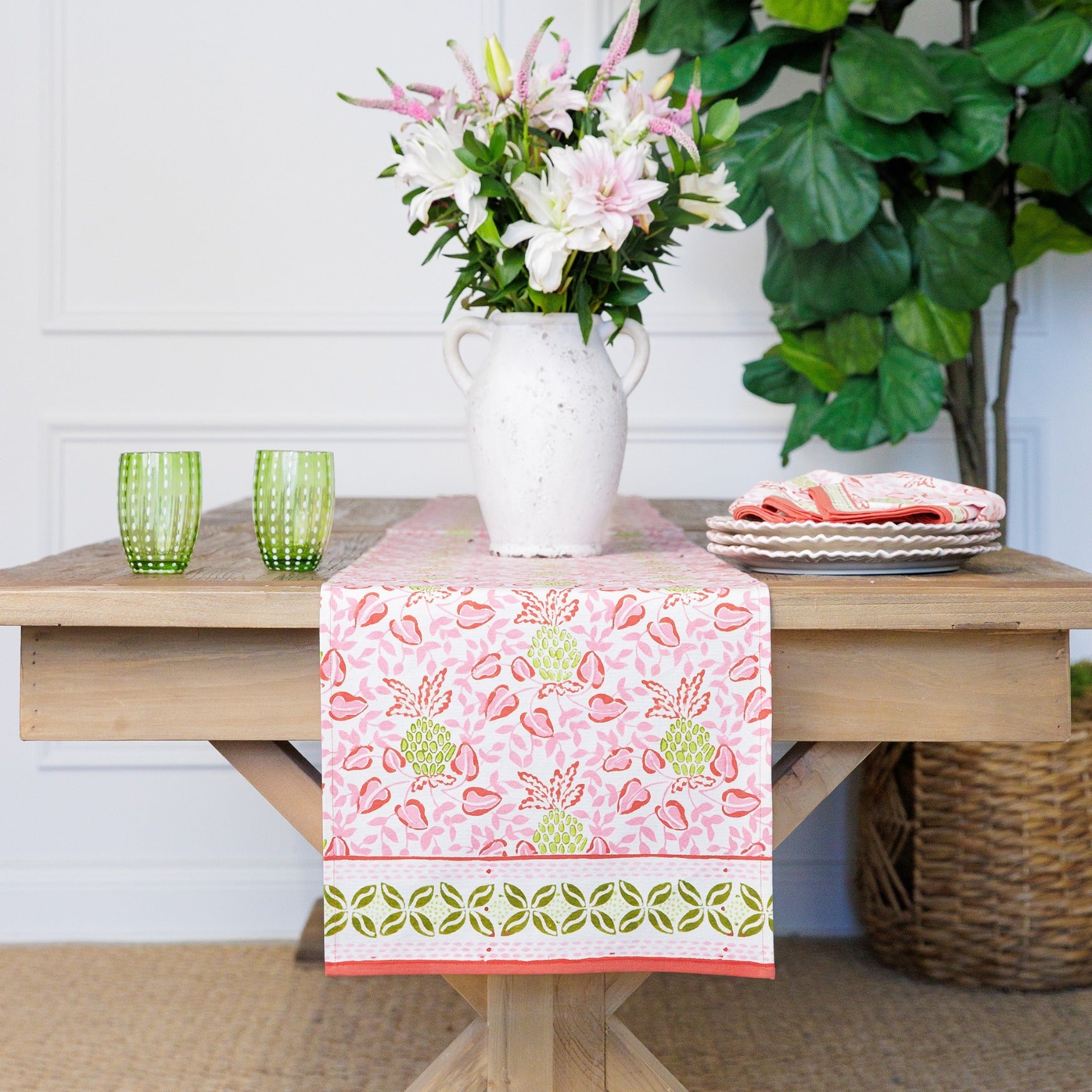 Pineapple Party Pink & Green Hand Block Printed Cotton Table Runner