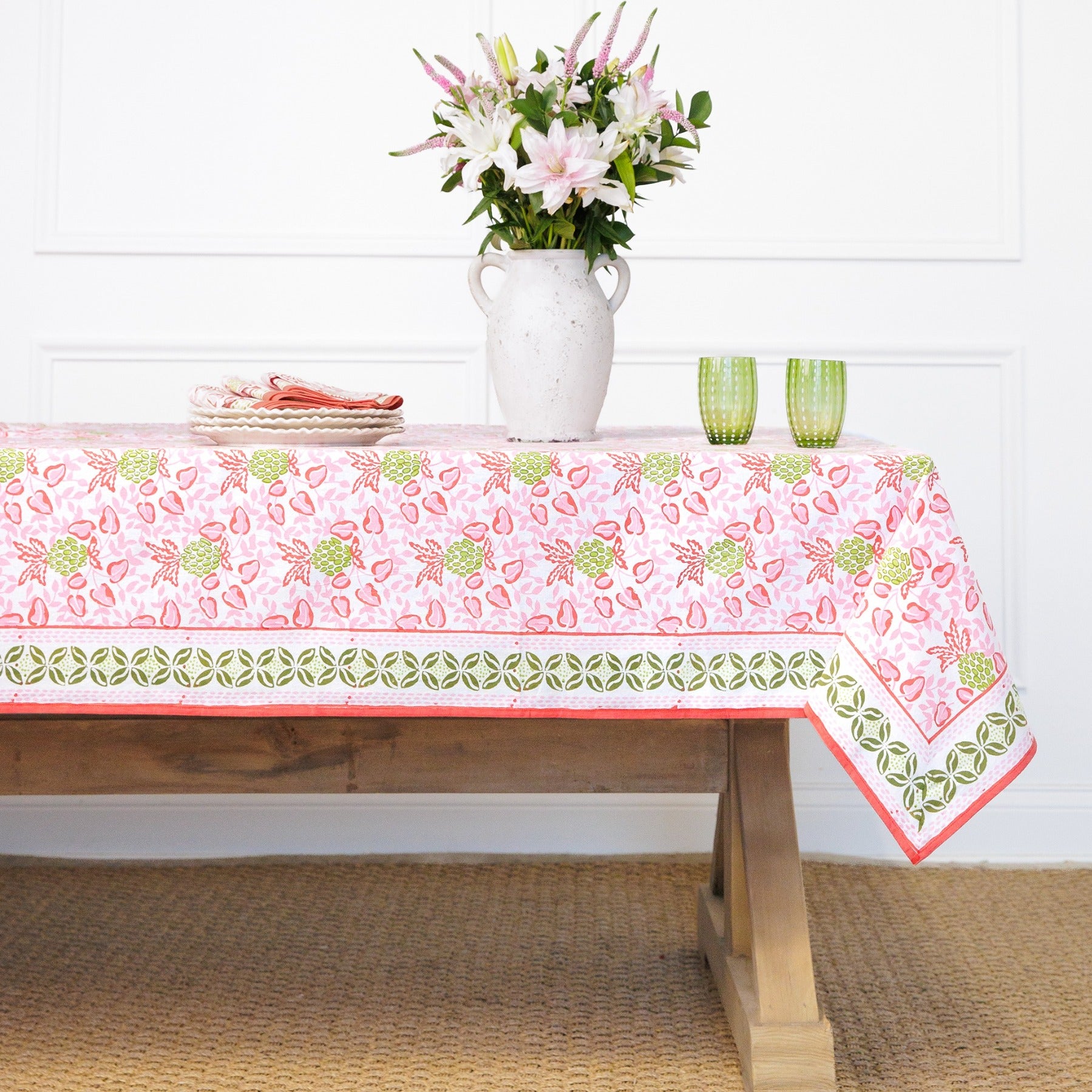 Pineapple Party Pink & Green Hand Block Printed Cotton Tablecloth