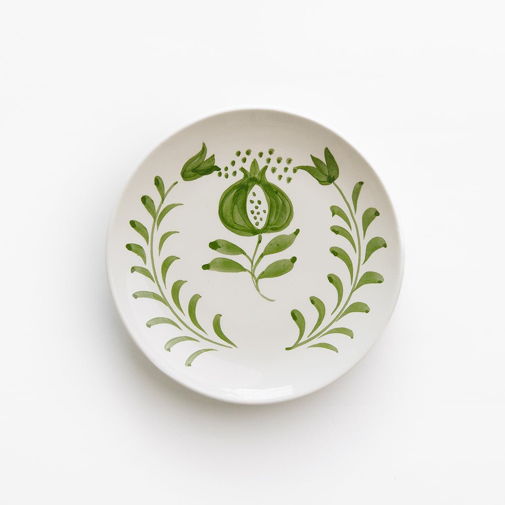 Pomegranate Crest Green Hand Painted Floral Ceramic Appetizer Plate