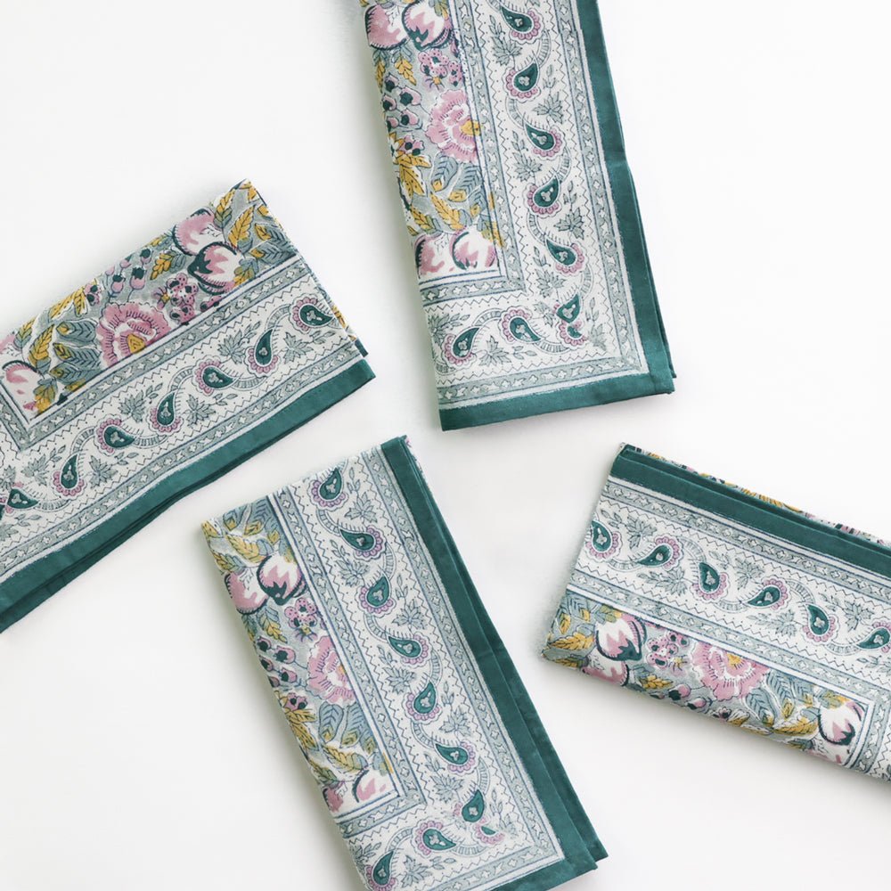 Pomegranate Garden Teal Blue & Lilac Hand Block Printed Floral Cotton Napkins