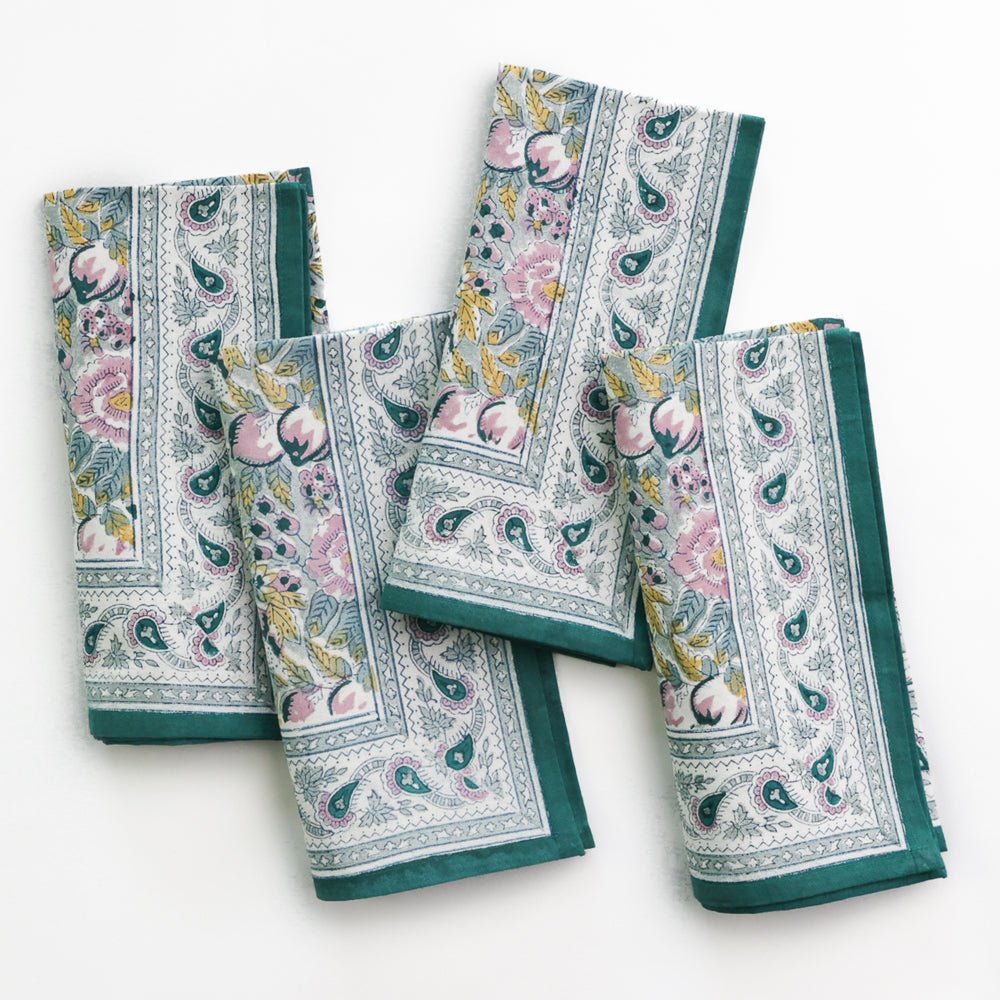 Pomegranate Garden Teal Blue & Lilac Hand Block Printed Floral Cotton Napkins