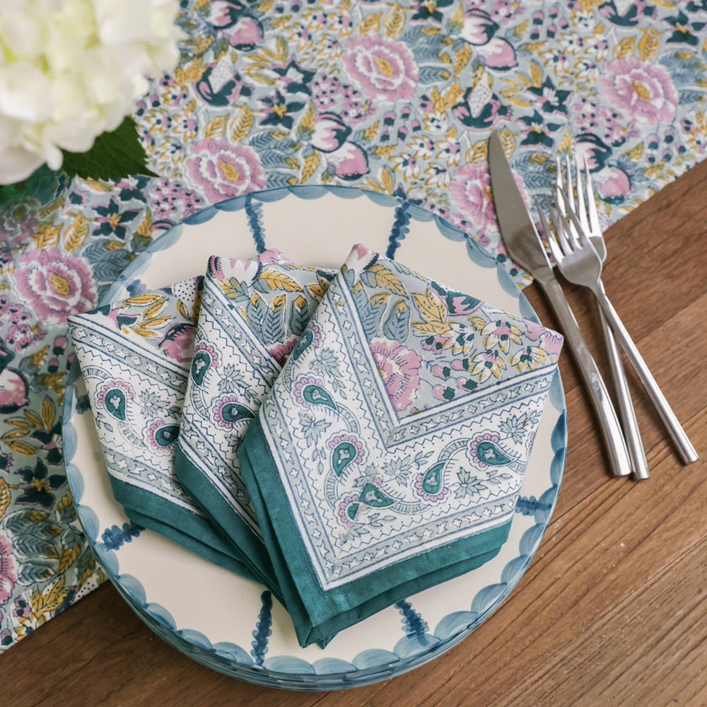 Pomegranate Garden Teal Blue & Lilac Hand Block Printed Floral Cotton Napkins