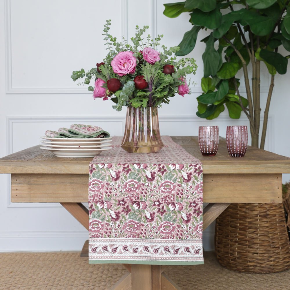 table runner 亀甲取り花丸　帯リメイク　長尺250㎝ Pomegranate Garden Dusty Mauve & Sage Table Runner