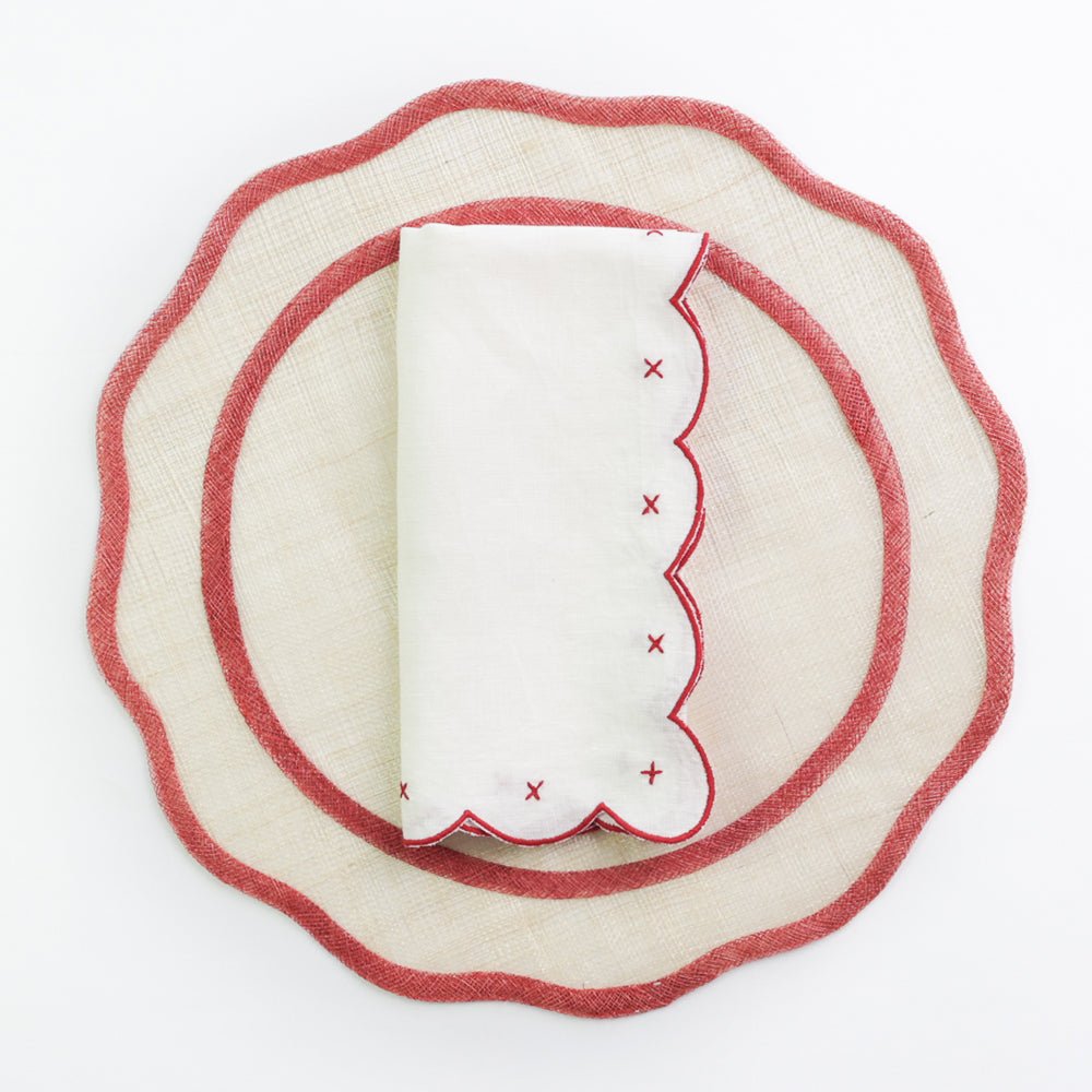 Linen Napkins With Red Scalloped Hemstitch Edges, Set of 4 outlets