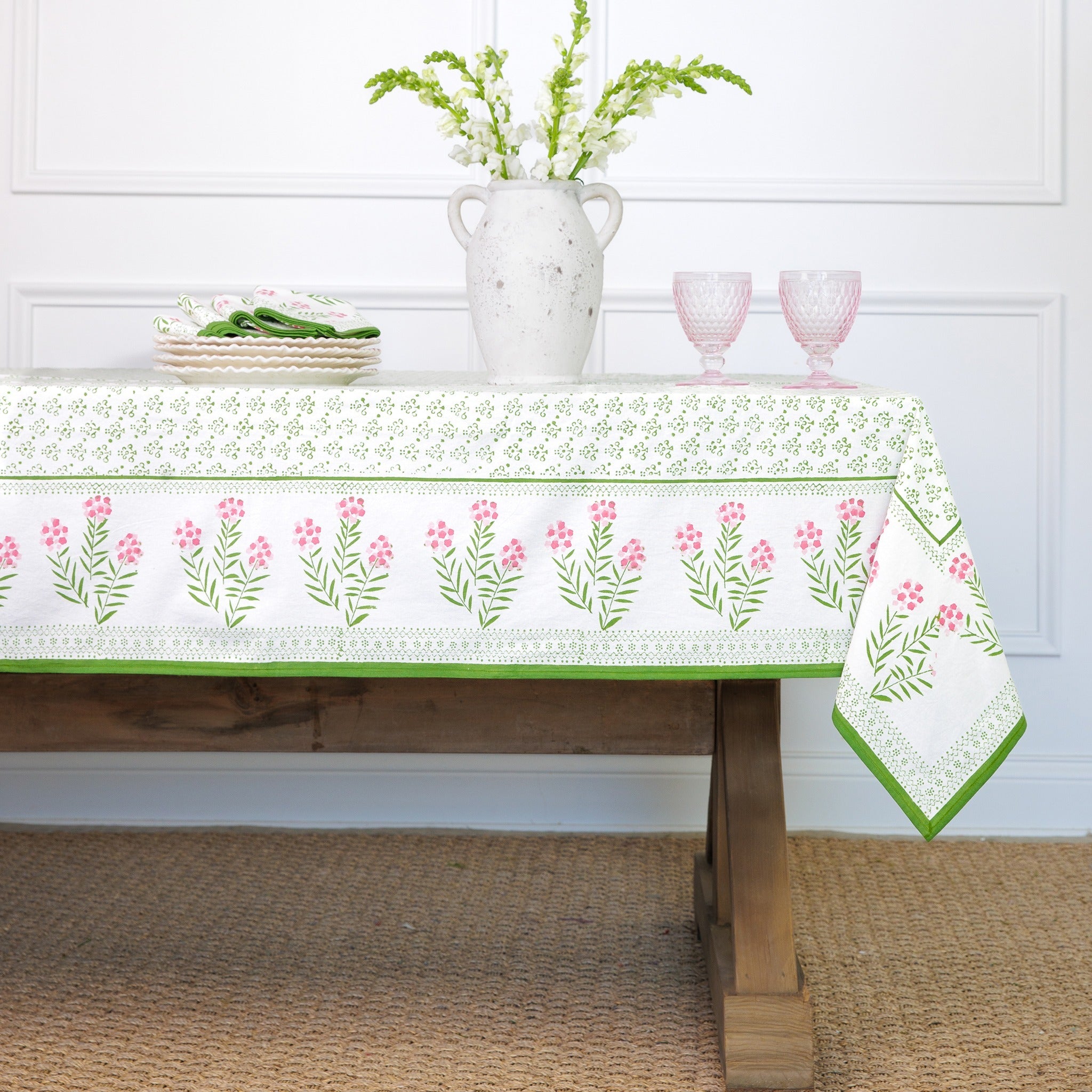Phlox Pink Floral Tablecloth | Hand-Printed Cotton Table Linens