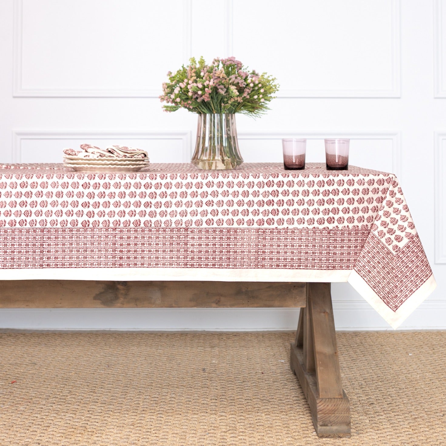 Elise Rose Tablecloth – Hand Block Printed 100% Cotton – Pomegranate