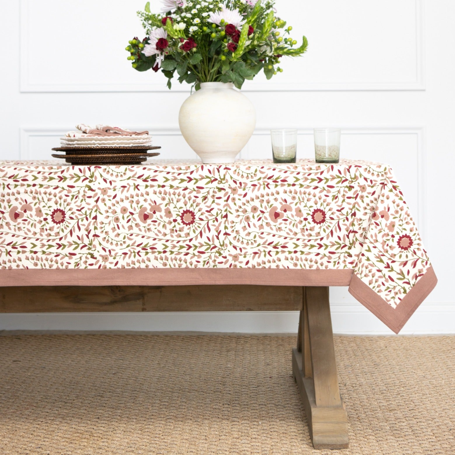 Starflower Fern & Blush Tablecloth – Block Printed 100% Cotton