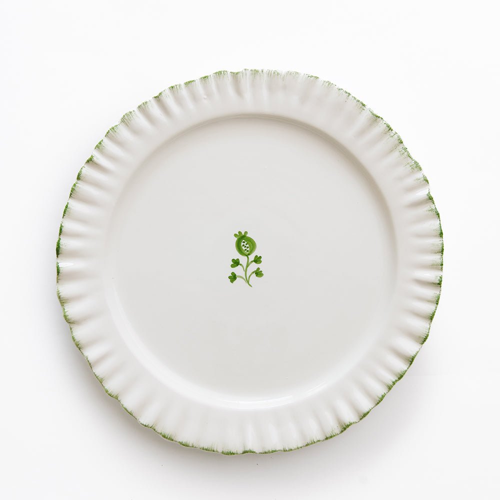 Ruffled Green Hand Painted Floral Ceramic Dinner Plate