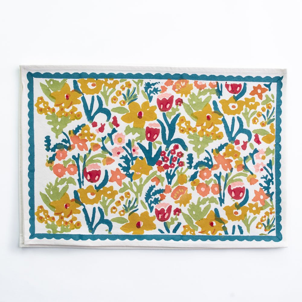 Teal Garden Colorful Hand Block Printed Floral Cotton Canvas Placemats