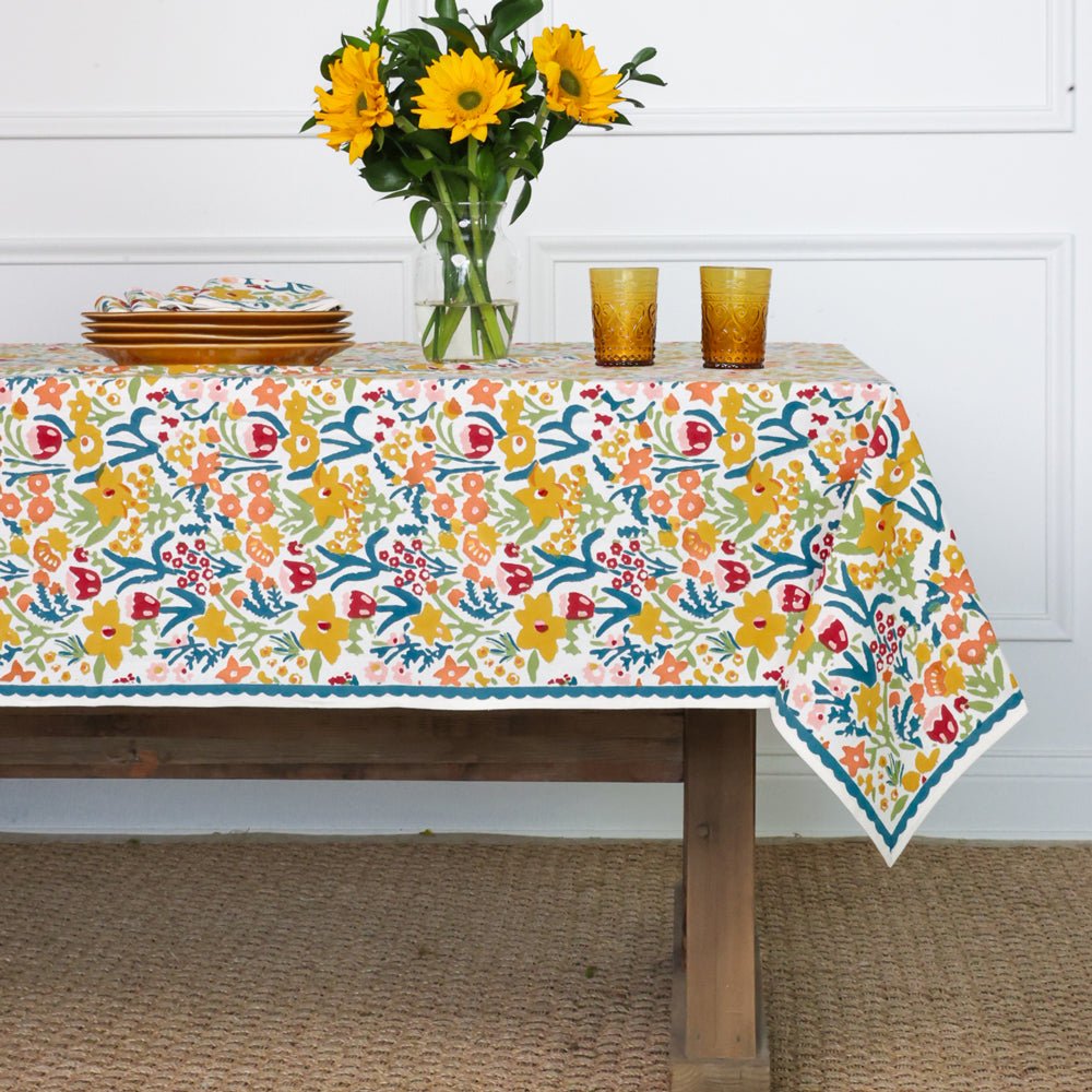 Teal Garden Colorful Hand Block Printed Floral Tablecloth