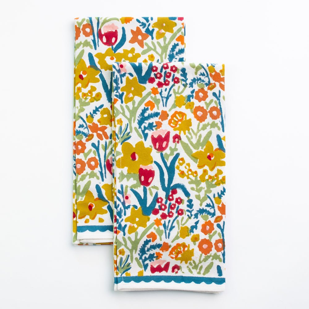 Teal Garden Colorful Hand Block Printed Floral Kitchen Tea Towels