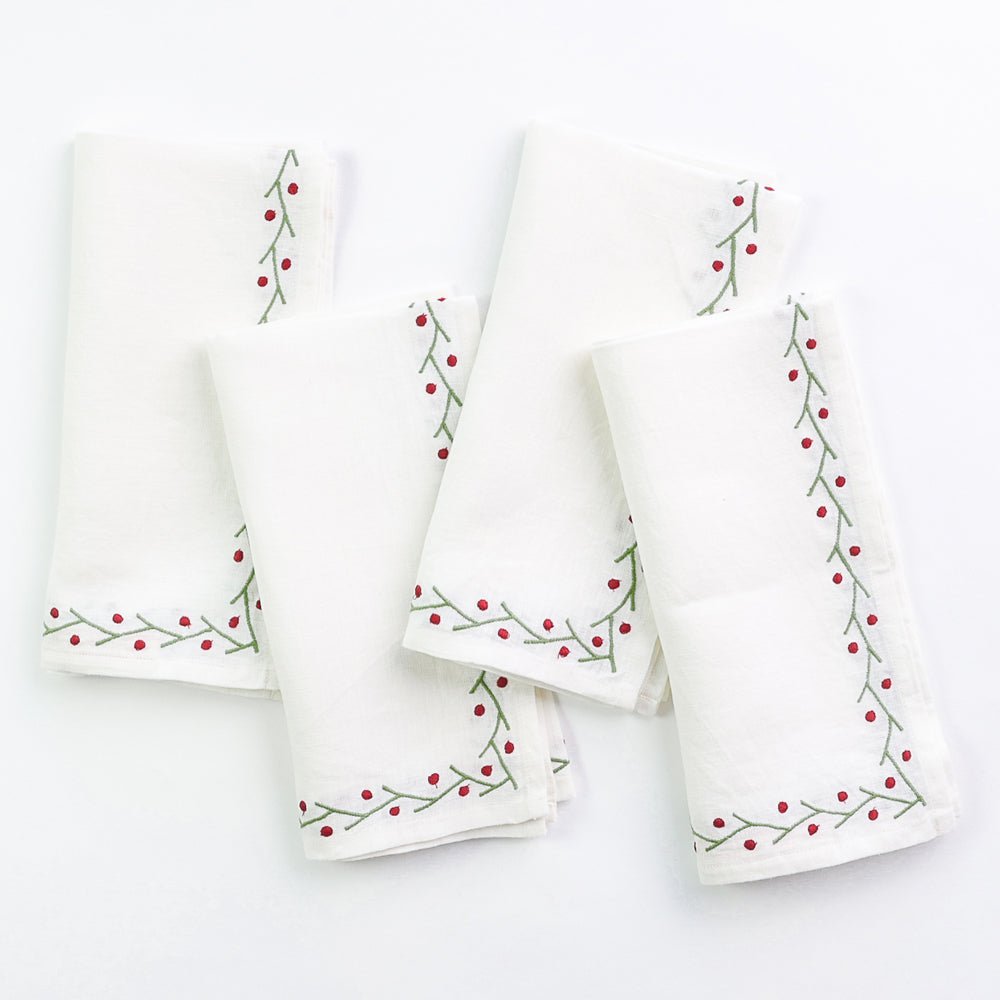 Twig & Dot Red & Green Embroidered Linen Napkins