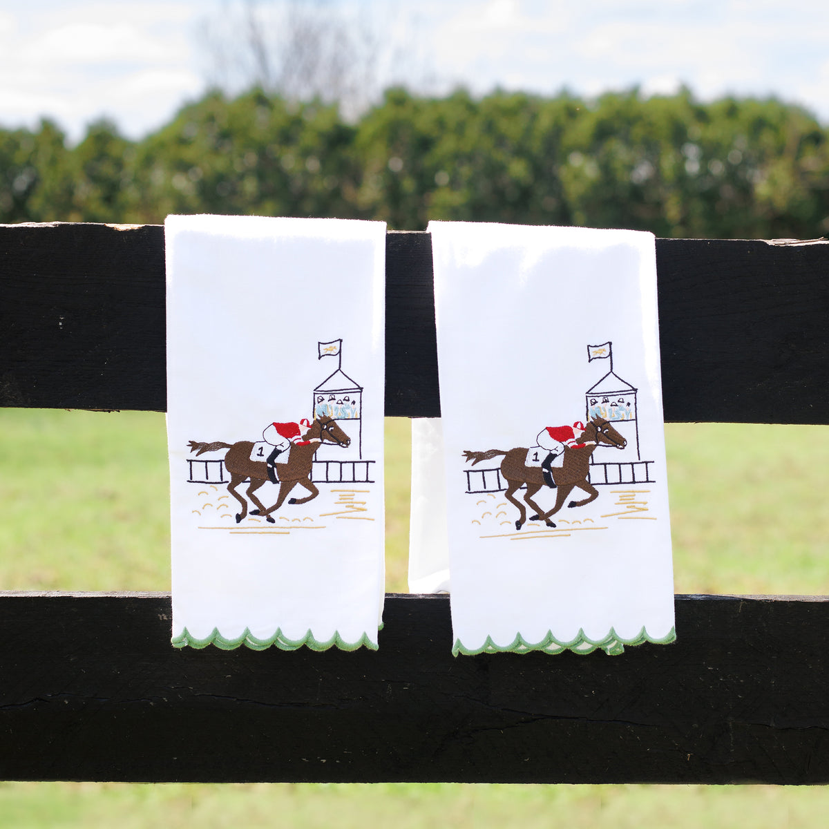 At the Finish Tea Towels | Embroidered Racehorse Kitchen Linens