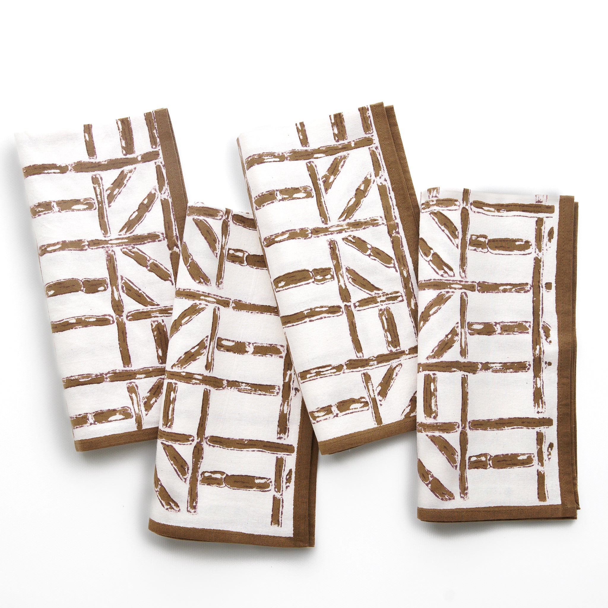 Brown Bamboo Geometric Brown & White Neutral Cotton Hand Block Printed Napkins